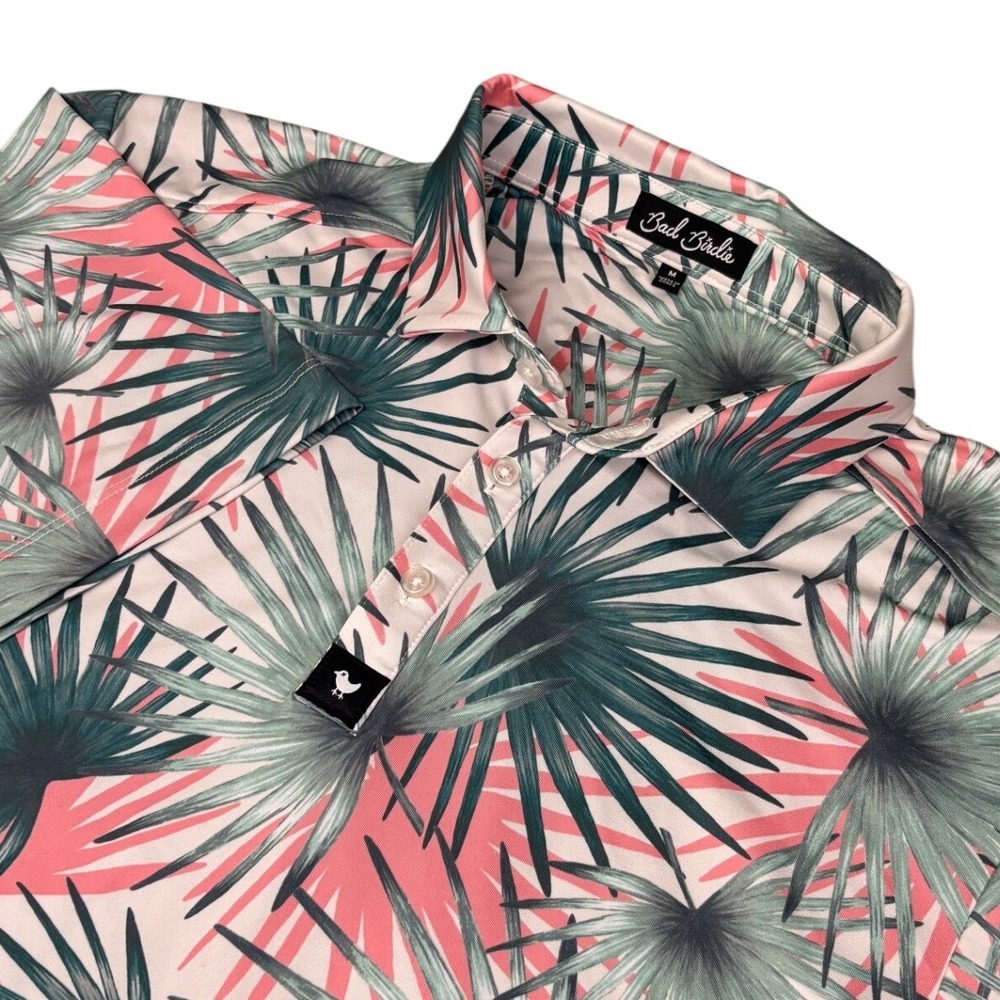 Bad Birdie Golf Polo Men Medium Pink Green Tropical Palm Leaf Performance‎ Shirt